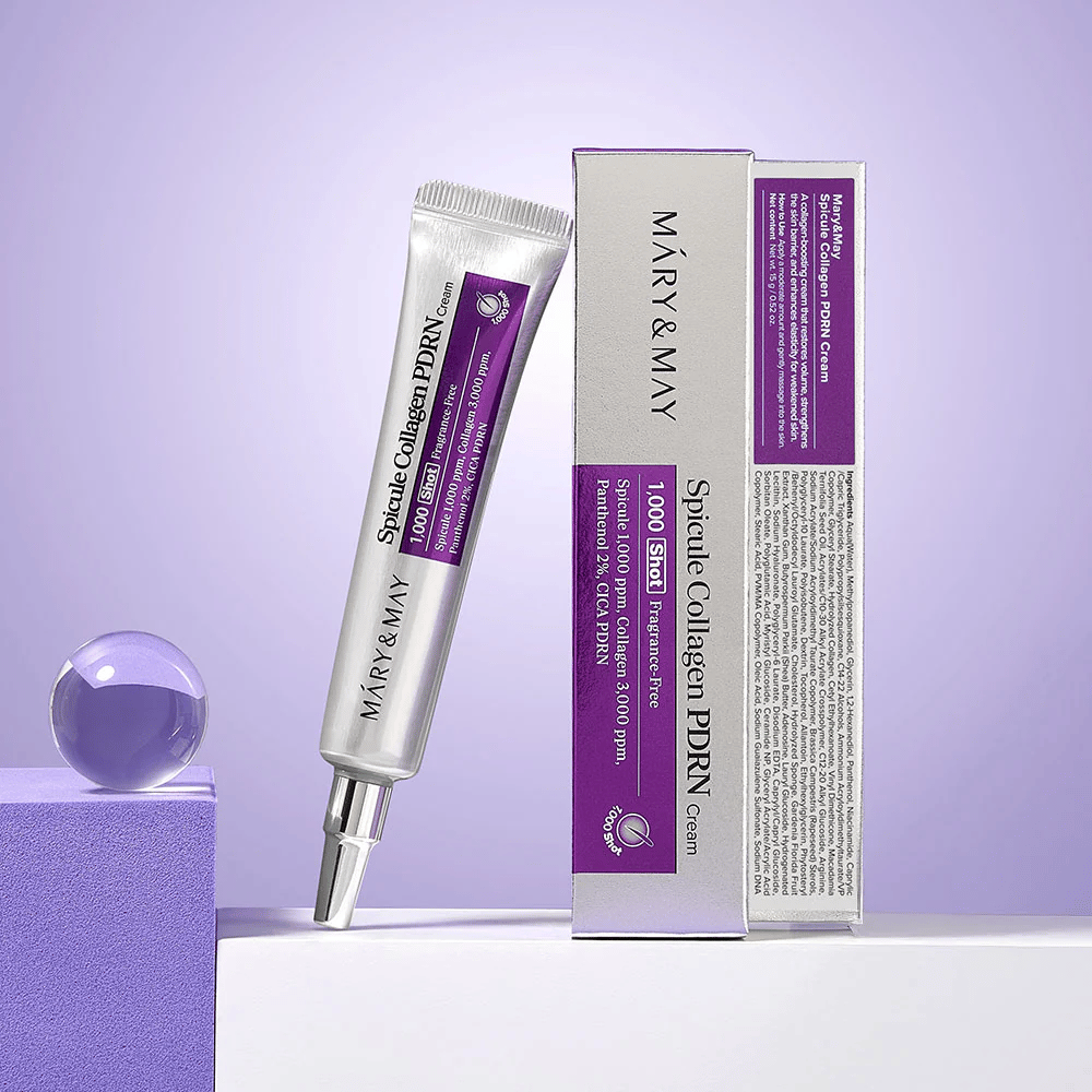 Mary & May Spicule Collagen PDRN Cream next to original packaging, regenerating face cream with collagen, PDRN, and spicule.