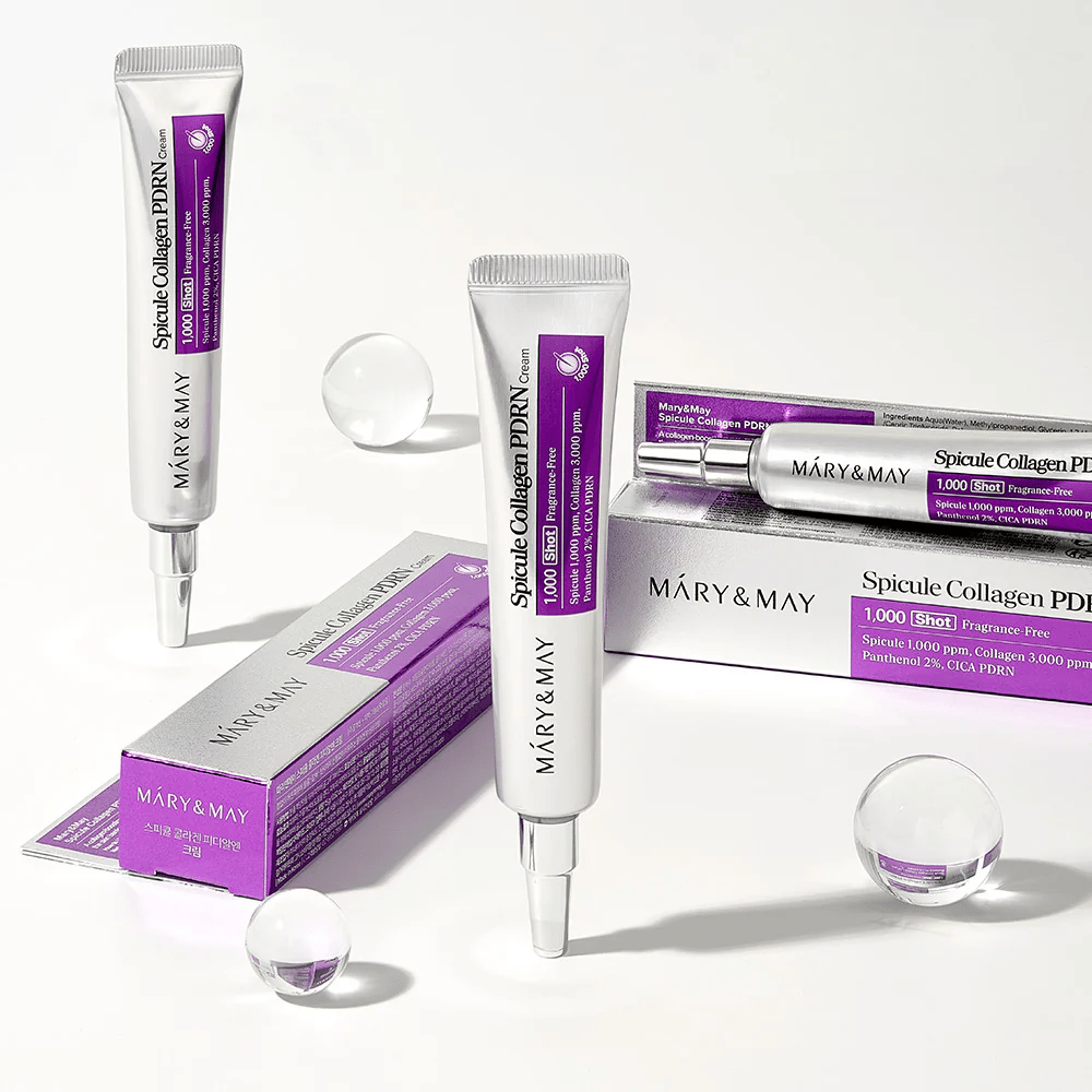Mary & May Spicule Collagen PDRN Cream in tube with packaging, Korean skincare with spicule, collagen, and PDRN for skin renewal and improved elasticity.