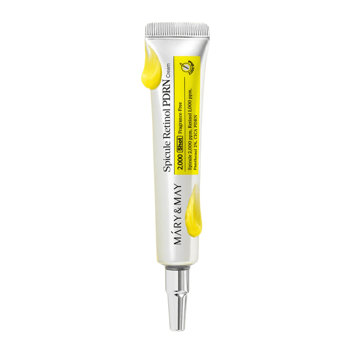 Product image of MARY & MAY Spicule Retinol PDRN Cream in a tube on a white background, an active face cream with retinol and PDRN suitable for mature and uneven skin.