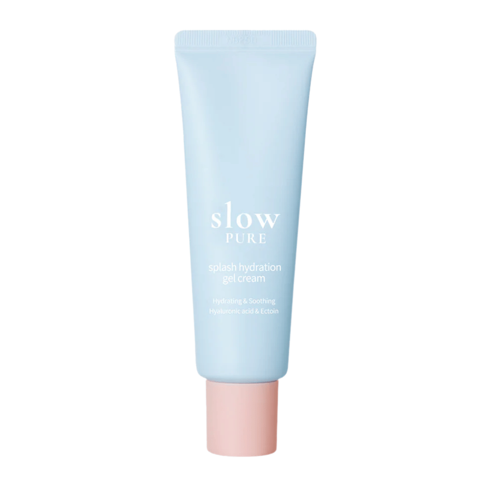 Slow Pure Splash Hydration Gel Cream in blue tube with pink cap, moisturizing gel cream with hyaluronic acid and ectoin.