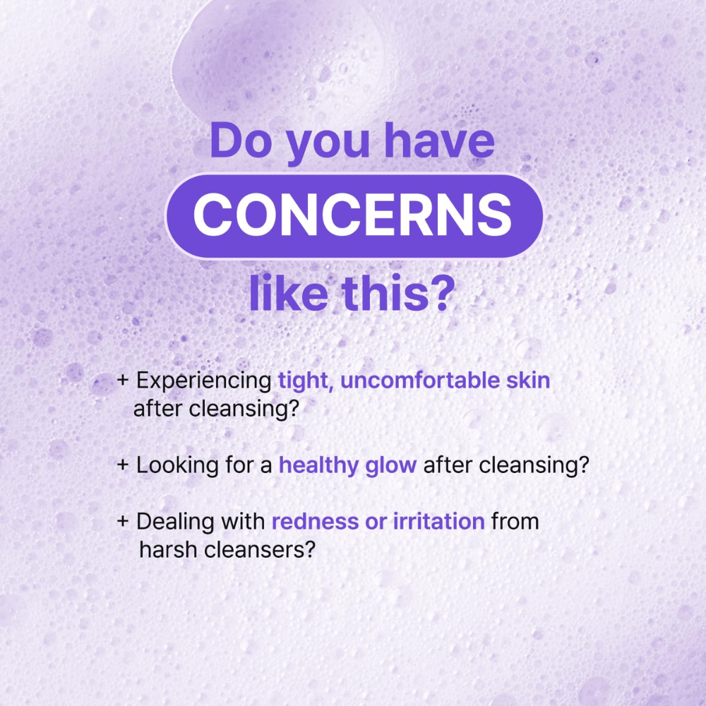 Illustration with questions about skin problems like dryness, irritation, and tightness after cleansing, focusing on the soothing effect of TIA'M Snail & Azulene Low pH Cleanser.