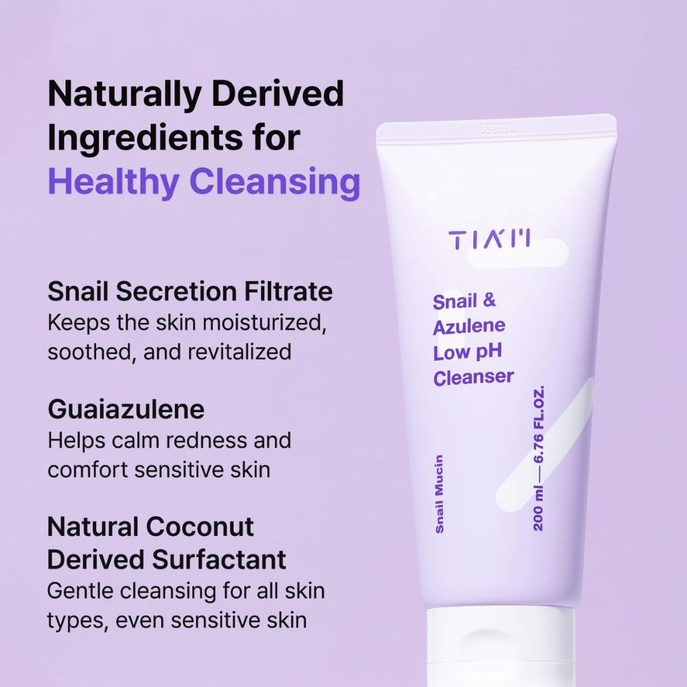 TIA'M Snail & Azulene Low pH Cleanser shows key ingredients like snail secretion, guaiazulene, and coconut-based surfactant – naturally based substances that moisturize, soothe, and gently cleanse the skin.