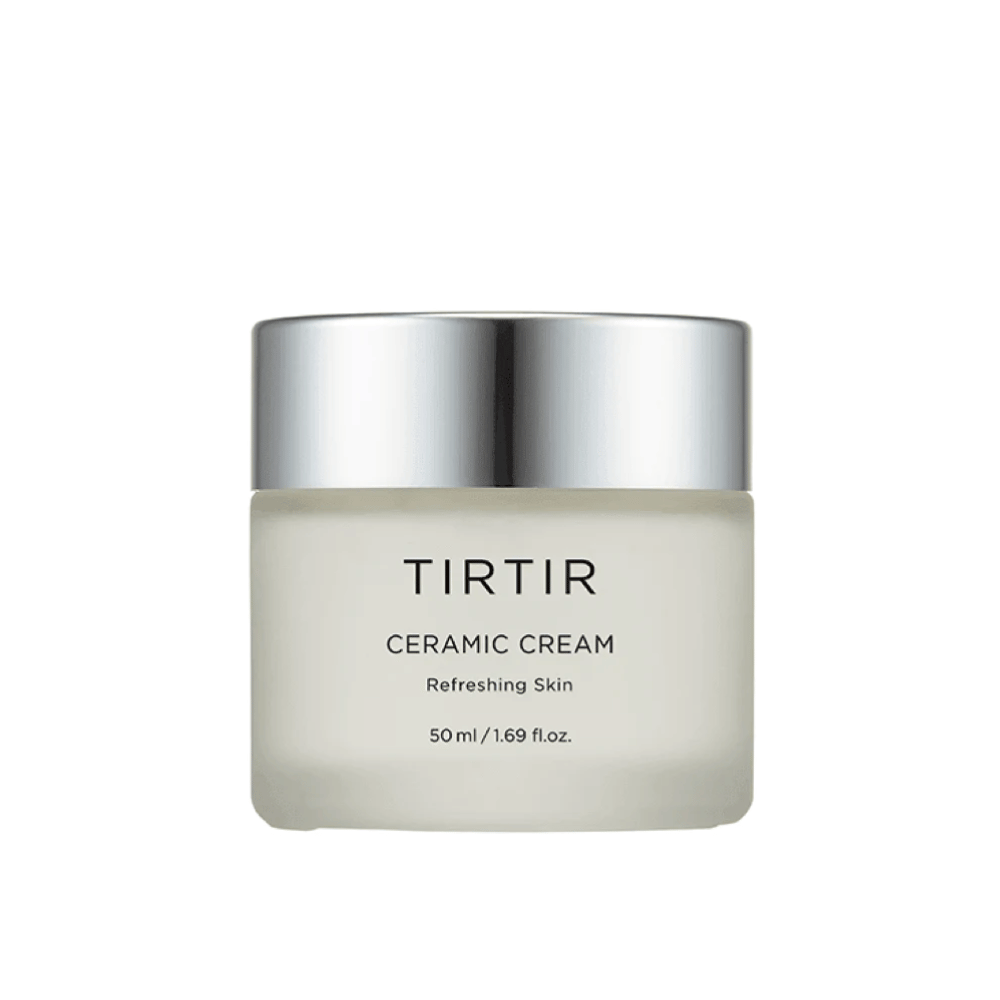 A jar of TIRTIR Ceramic Cream intended for "Refreshing Skin", with a volume of 50 ml / 1.69 fl oz. The jar has a gradient color from white to transparent and a silver-colored lid.