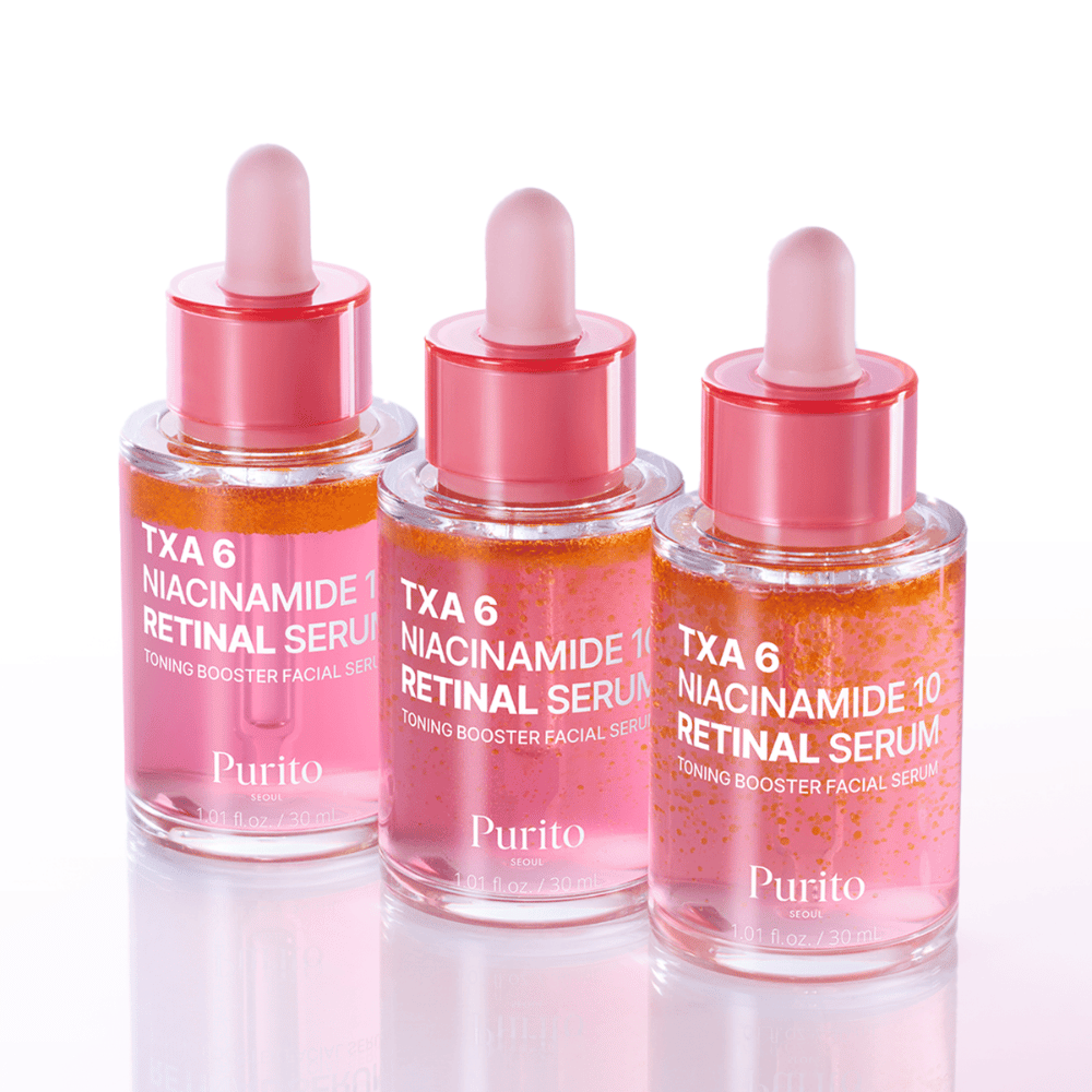 Three bottles of Purito TXA 6 Niacinamide 10 Retinal Serum. A radiance-giving and smoothing facial serum with anti-aging effect.