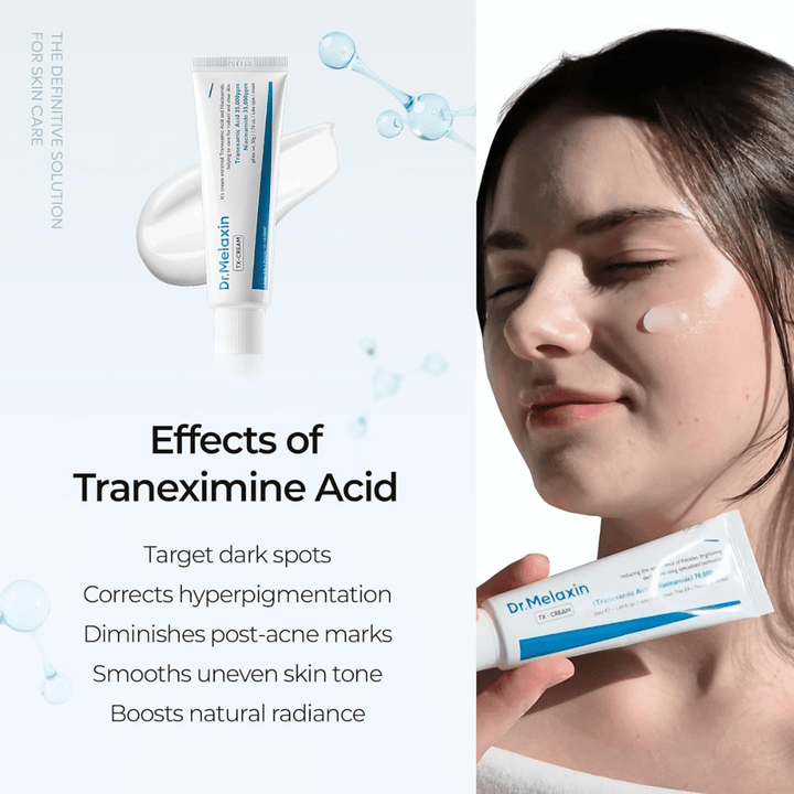 Skincare with tranexamic acid that reduces hyperpigmentation, acne scars, and dark spots while giving a more even and more radiant complexion