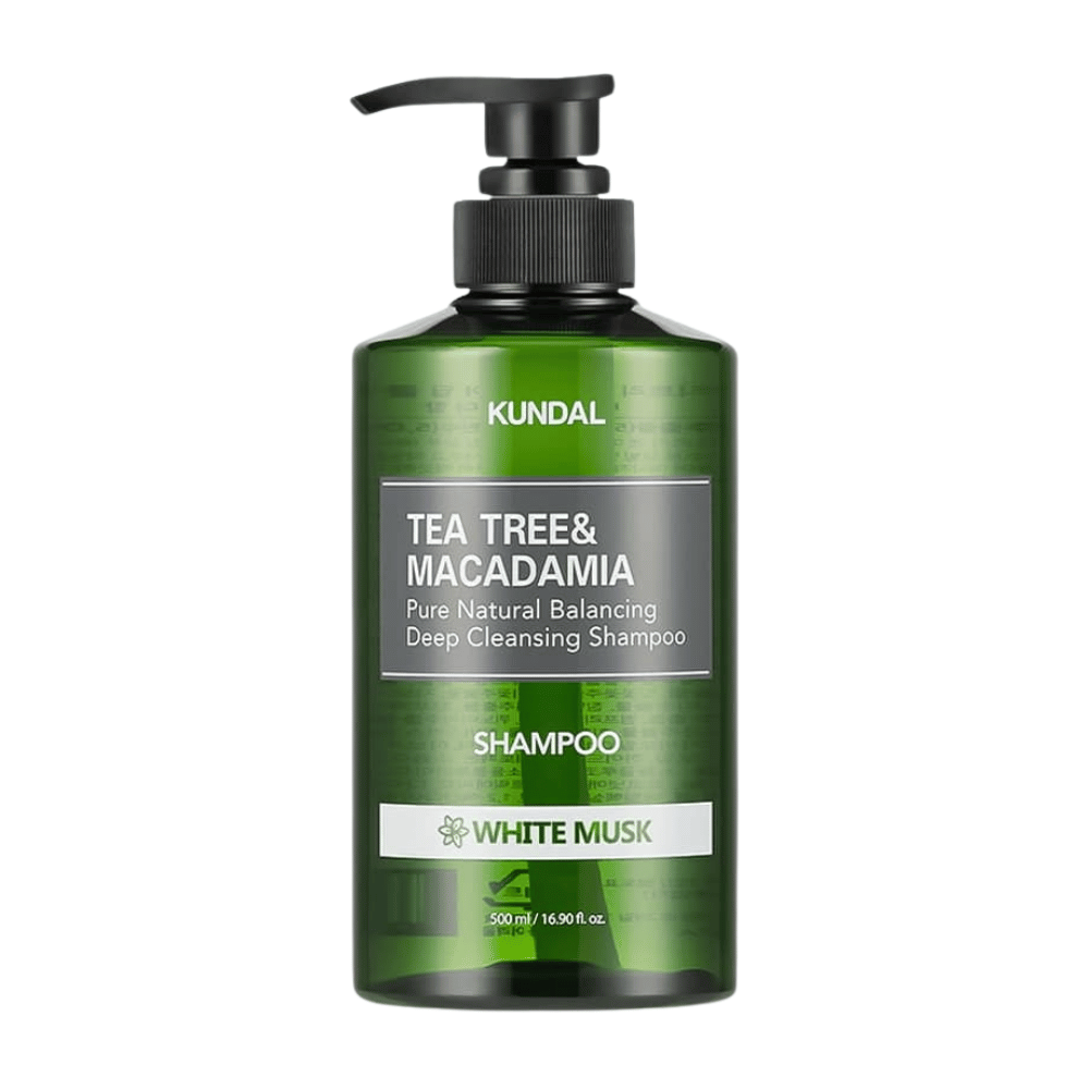 Clean cut-out product image of KUNDAL Tea Tree & Macadamia Deep Cleansing Shampoo White Musk with a green transparent bottle and pump design.