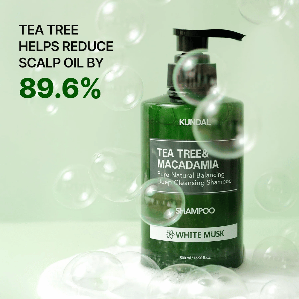 Product image with bubbles and statistics showing that tea tree helps reduce excess sebum in the scalp for a fresher feeling.