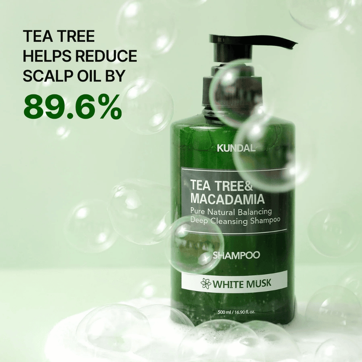Product image with bubbles and statistics showing that tea tree helps reduce excess sebum in the scalp for a fresher feeling.