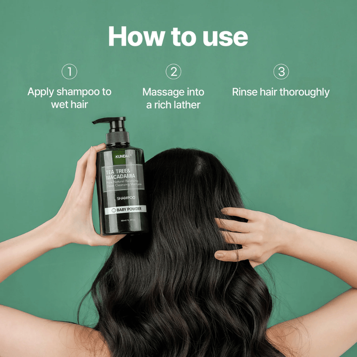 Step-by-step image showing how KUNDAL Tea Tree & Macadamia Deep Cleansing Shampoo is used to cleanse hair and scalp with a rich lather.