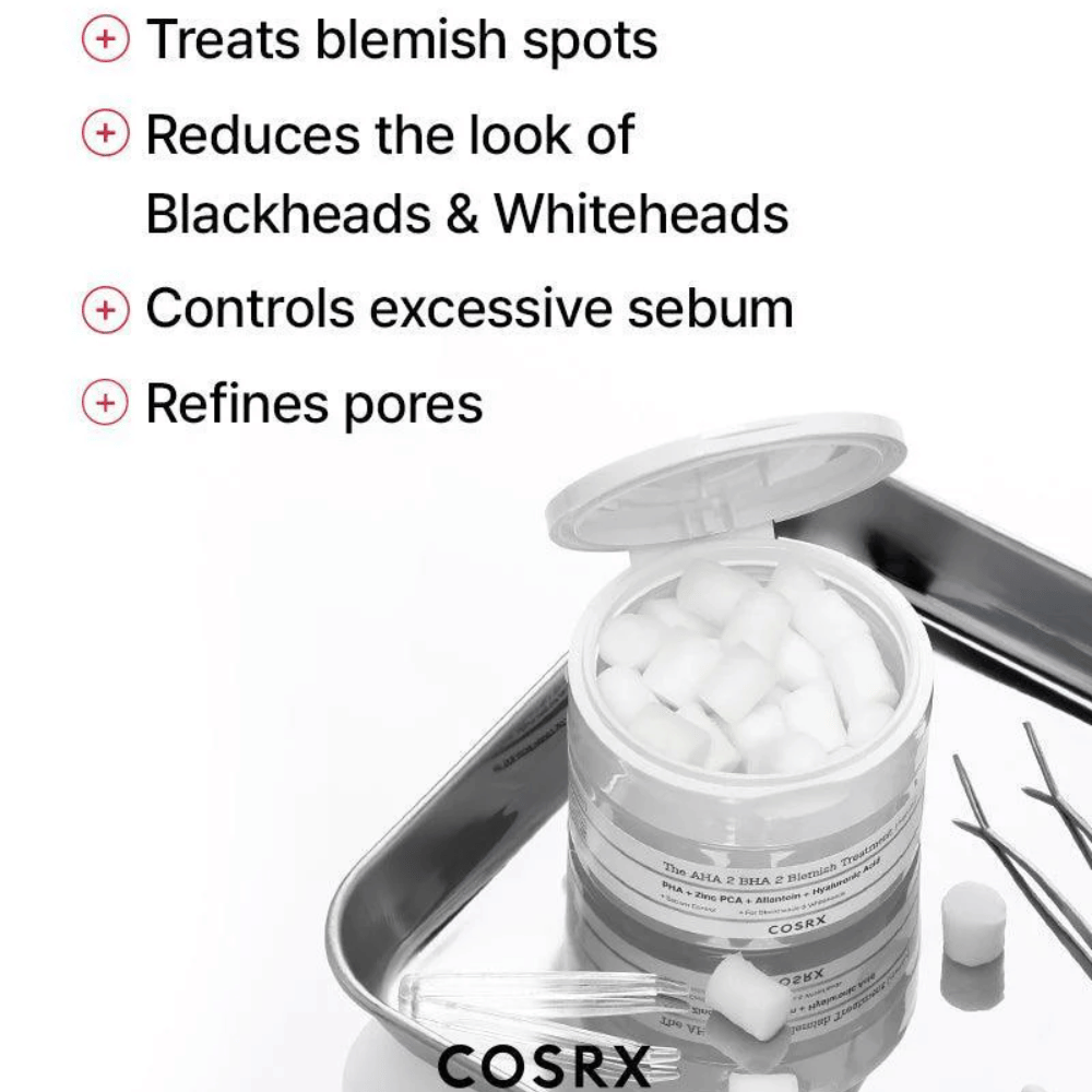 COSRX AHA 2 BHA 2 Blemish Treatment is effective for treating acne, reducing the visibility of blackheads and whiteheads, controlling excess sebum, and refining pores. Perfect for clearer skin.