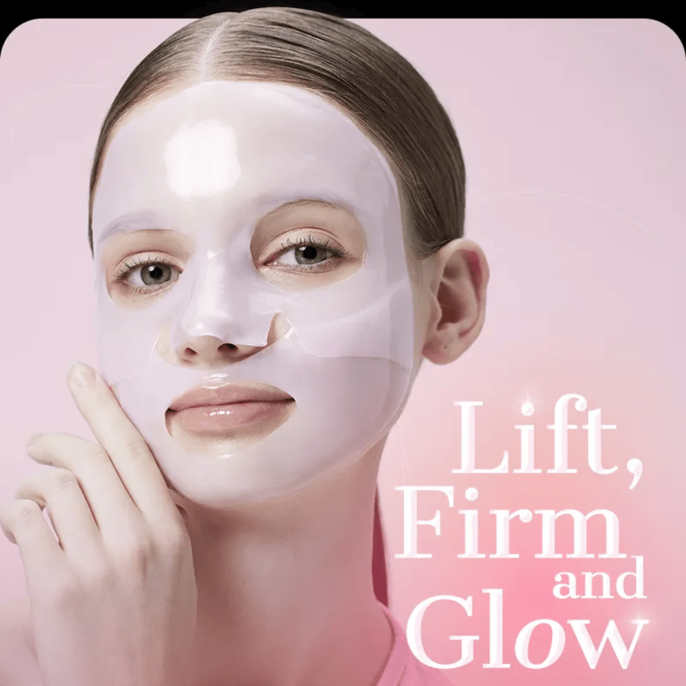 Woman with COSRX Peptide Collagen Lifting Glow Hydrogel Mask – provides firming, firm, and radiant skin with intense moisture.