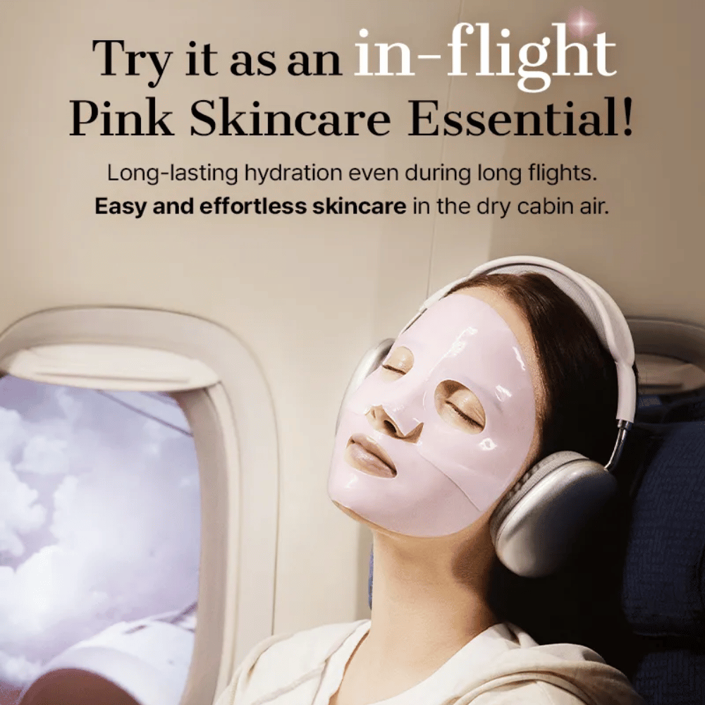 Woman with pink hydrogel mask from COSRX on a plane – moisturizing face mask perfect for long flights.