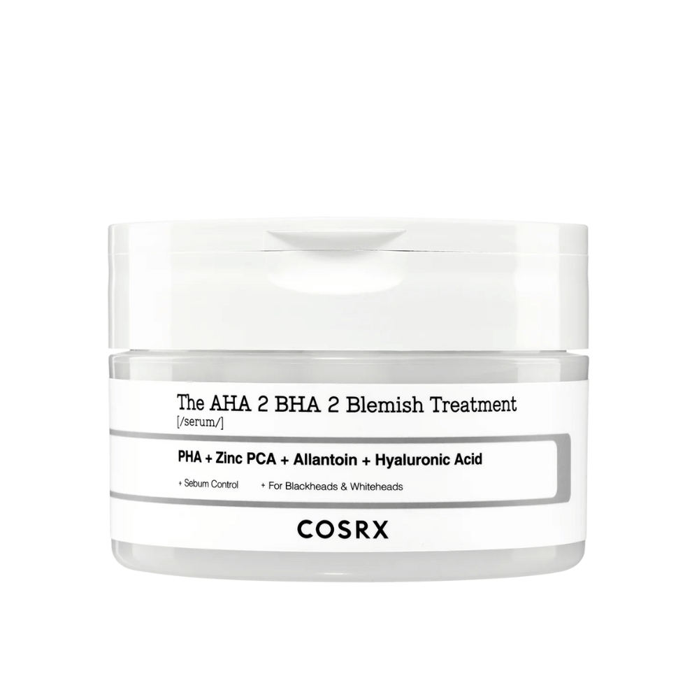 COSRX AHA 2 BHA 2 Blemish Treatment, a serum with PHA, zinc PCA, allantoin, and hyaluronic acid. Designed to control sebum production and counteract blackheads and whiteheads. Perfect for improving skin clarity.