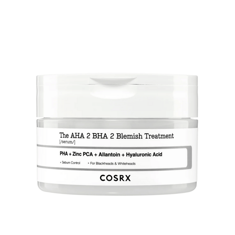 COSRX AHA 2 BHA 2 Blemish Treatment, ett serum med PHA, zink PCA, allantoin och hyaluronsyra. Designad för att kontrollera talgproduktion och motverka pormaskar och vita pormaskar. Perfekt för att förbättra hudens klarhet.
