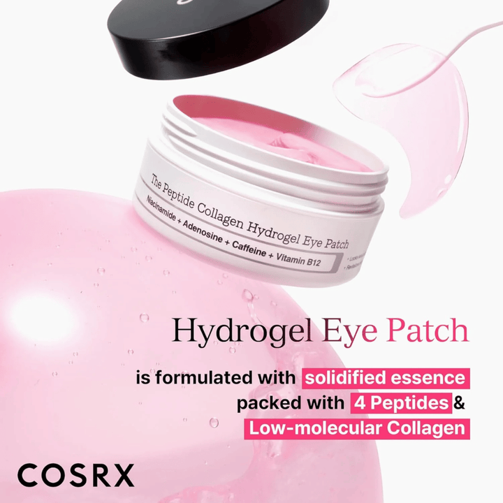 COSRX Hydrogel Eye Patch with 4 peptides and low-molecular collagen for hydrated and firm skin around the eyes.