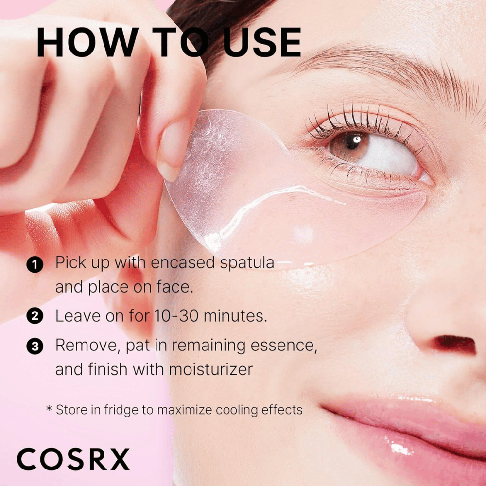 COSRX Peptide Collagen Hydrogel Eye Patch – apply with spatula, leave on for 10–30 minutes, and finish with moisturizer.