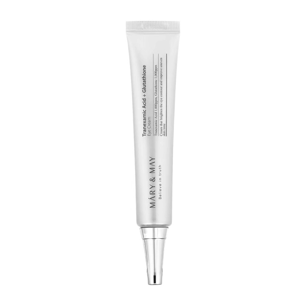 Product image of a white tube from MARY & MAY with "Tranexamic Acid + Glutathione Eye Cream". Text on the packaging highlights its properties to brighten and treat the area around the eyes. The tube is designed for easy and precise application.