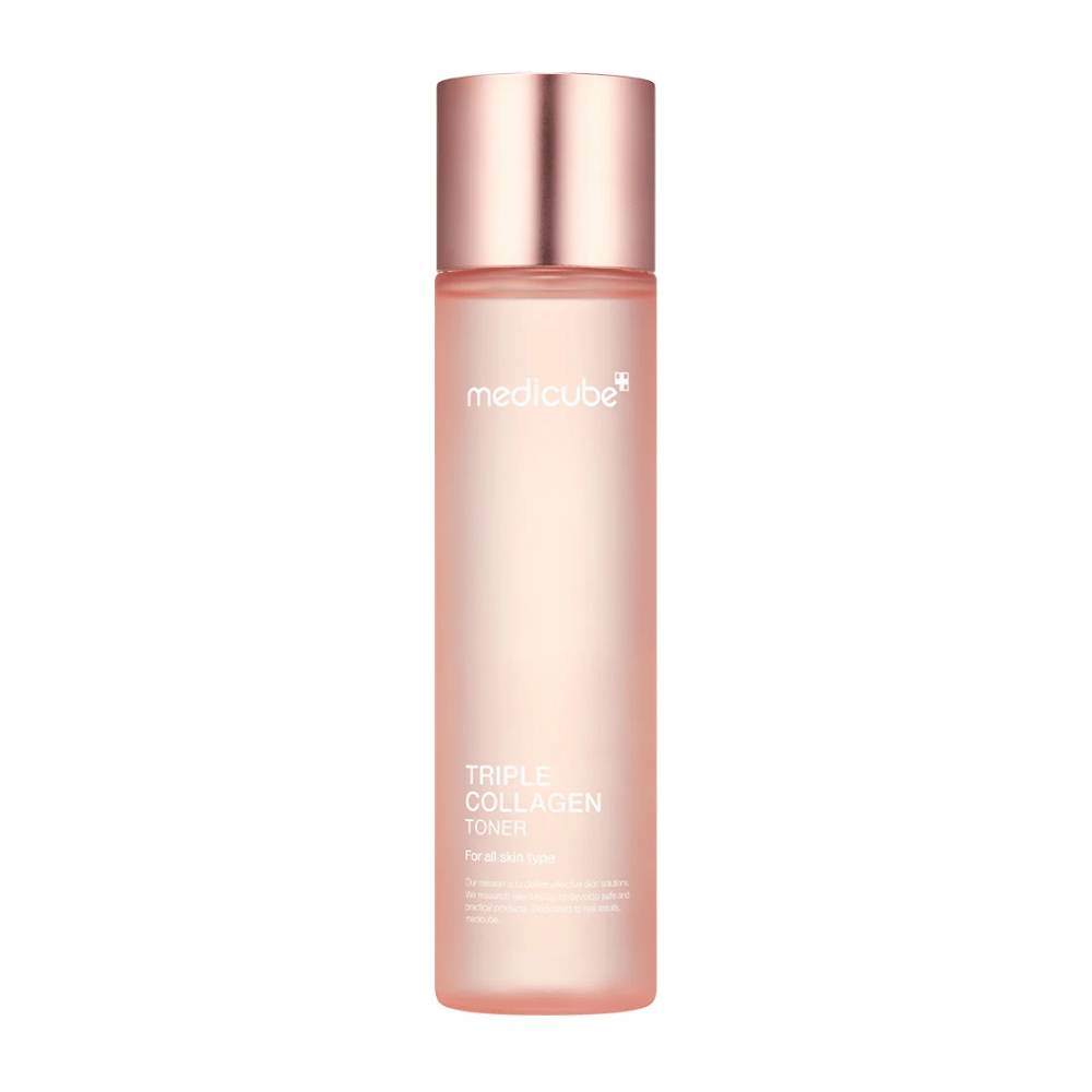 Medicube Triple Collagen Toner 4.0 in a pink bottle with a rose gold-colored cap, a moisturizing toner for all skin types.