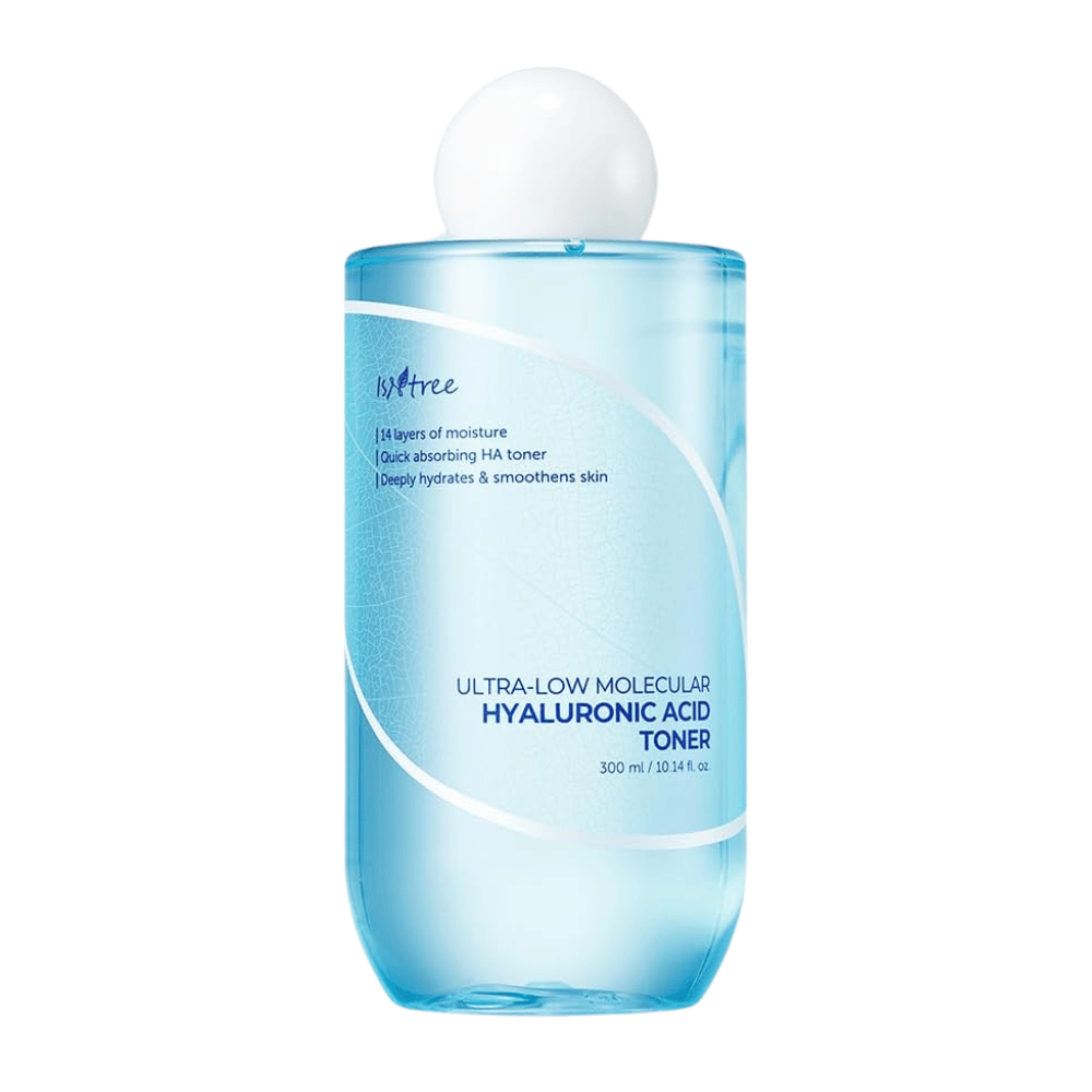 Product image of Isntree Ultra-Low Molecular Hyaluronic Acid Toner, 300 ml. The bottle is light blue with white text and a round white cap, designed to signal moisturizing and soothing properties.