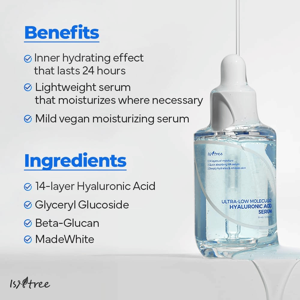 Isntree Ultra-Low Molecular Hyaluronic Acid Serum with a light, vegan formula that hydrates for up to 24 hours and is suitable for dry, sensitive, and moisture-deficient skin.