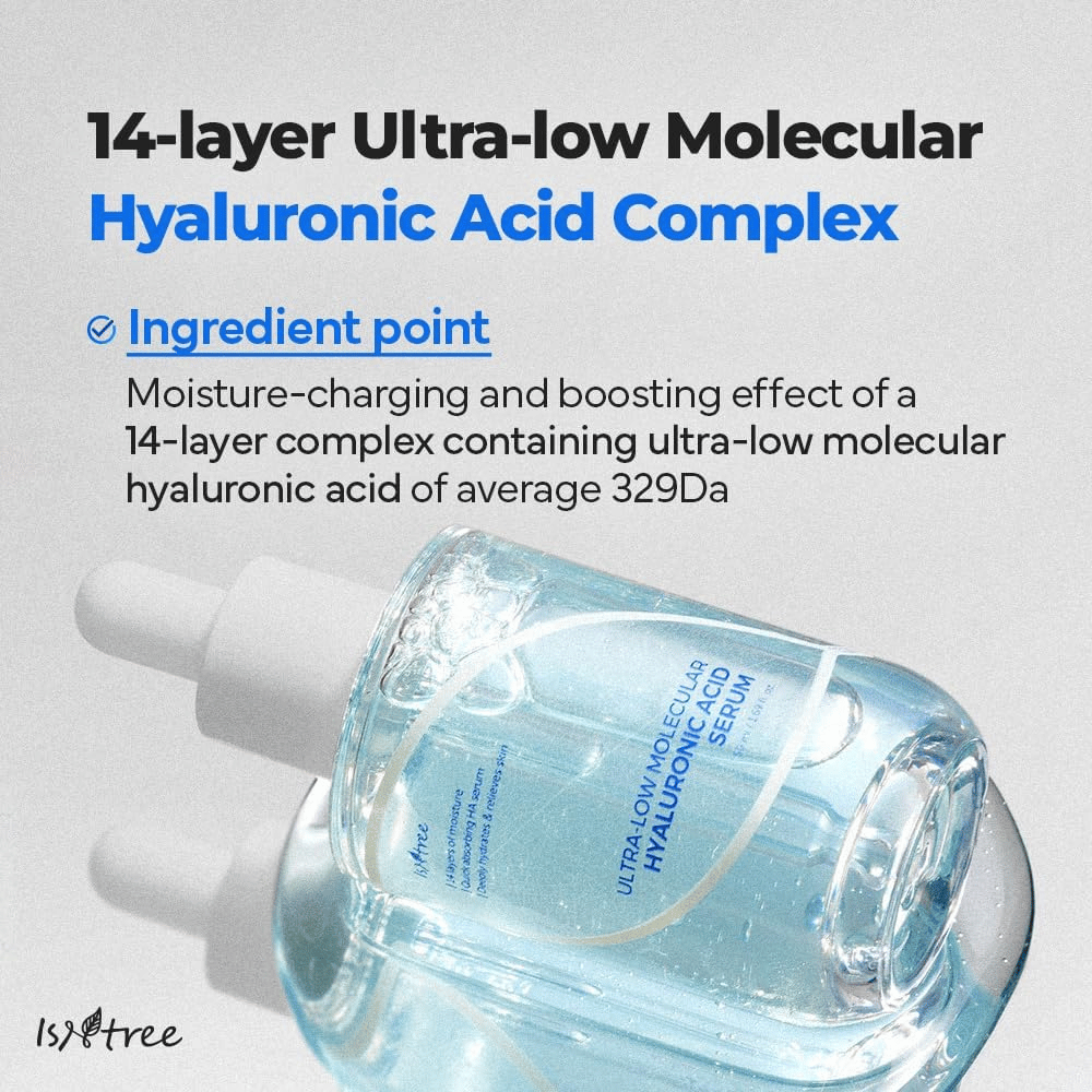 Isntree Ultra-Low Molecular Hyaluronic Acid Serum with ultra-low molecular hyaluronic acid, moisture-boosting facial serum providing intensive deep hydration.