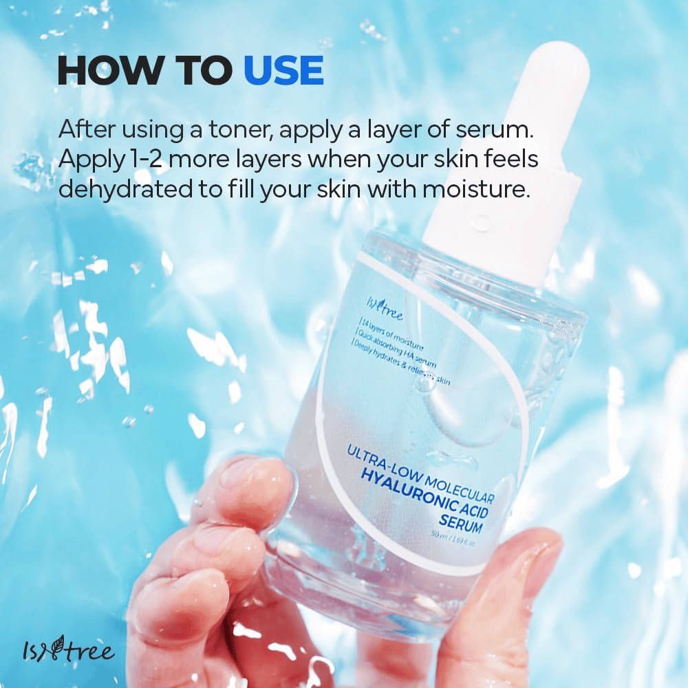 Isntree Ultra-Low Molecular Hyaluronic Acid Serum applied after toner for intensive hydration, shown in hand with water splashes, light serum for dry and dehydrated skin.