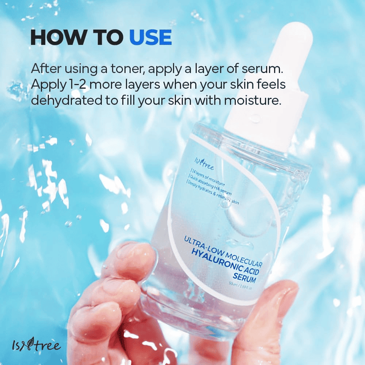 Isntree Ultra-Low Molecular Hyaluronic Acid Serum applied after toner for intensive hydration, shown in hand with water splashes, light serum for dry and dehydrated skin.