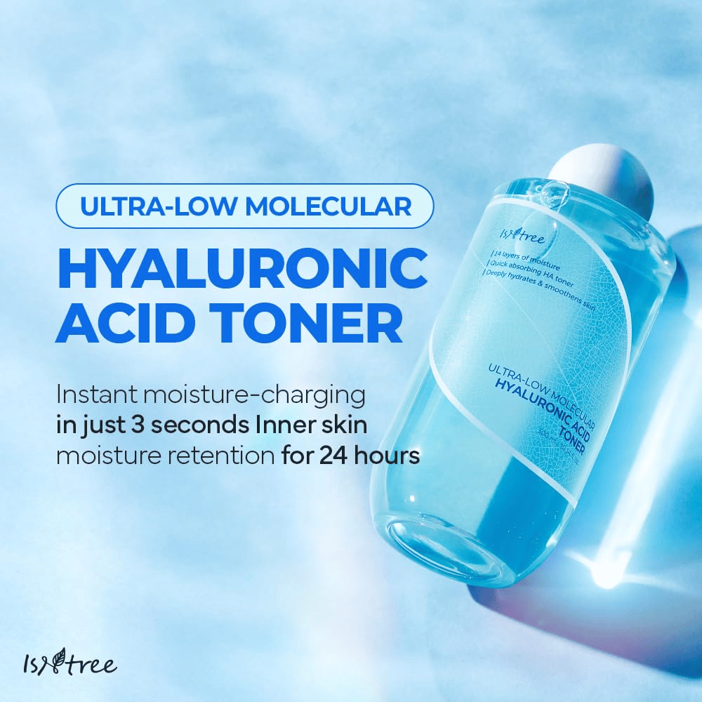 Product image of Isntree Ultra-Low Molecular Hyaluronic Acid Toner with a blue background. The text highlights quick hydration in 3 seconds and moisture retention effect for 24 hours. The bottle is shown in an enlarged angle with a clear label.