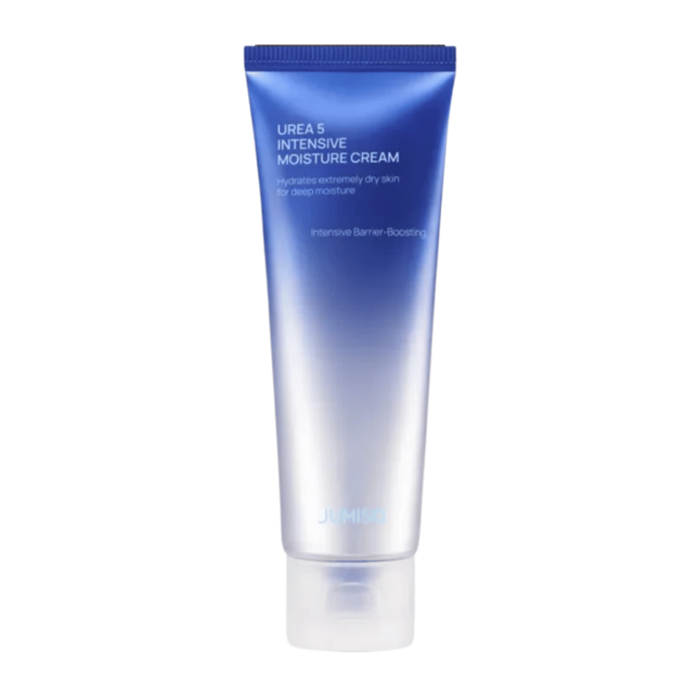 Cutout product image of Jumiso Urea 5 Intensive Moisture Cream against a white background. The blue tube with a minimalist design highlights the product’s focus on intensive moisturization and skin barrier-strengthening care for very dry skin.