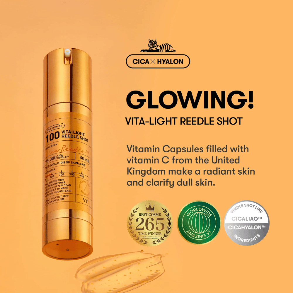 Golden bottle VT Cica Hyalon Vita-Light Reedle Shot 100hL, 50 ml, with pump and vitamin C capsules in the background, as well as text about the product's glow and clarity benefits.
