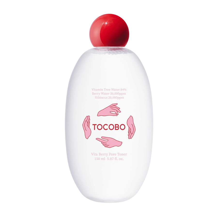 Cutout product image of TOCOBO Vita Berry Pore Toner showing the minimalist design with a white bottle and red cap against a light background.