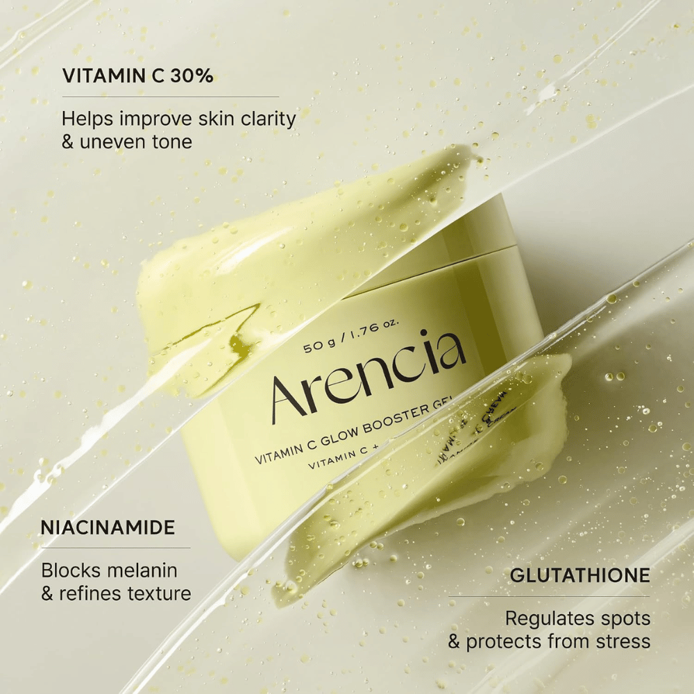 Arencia Vitamin C Glow Booster Gel Cream – with 30% vitamin C, niacinamide, and glutathione for a more even skin tone and radiance