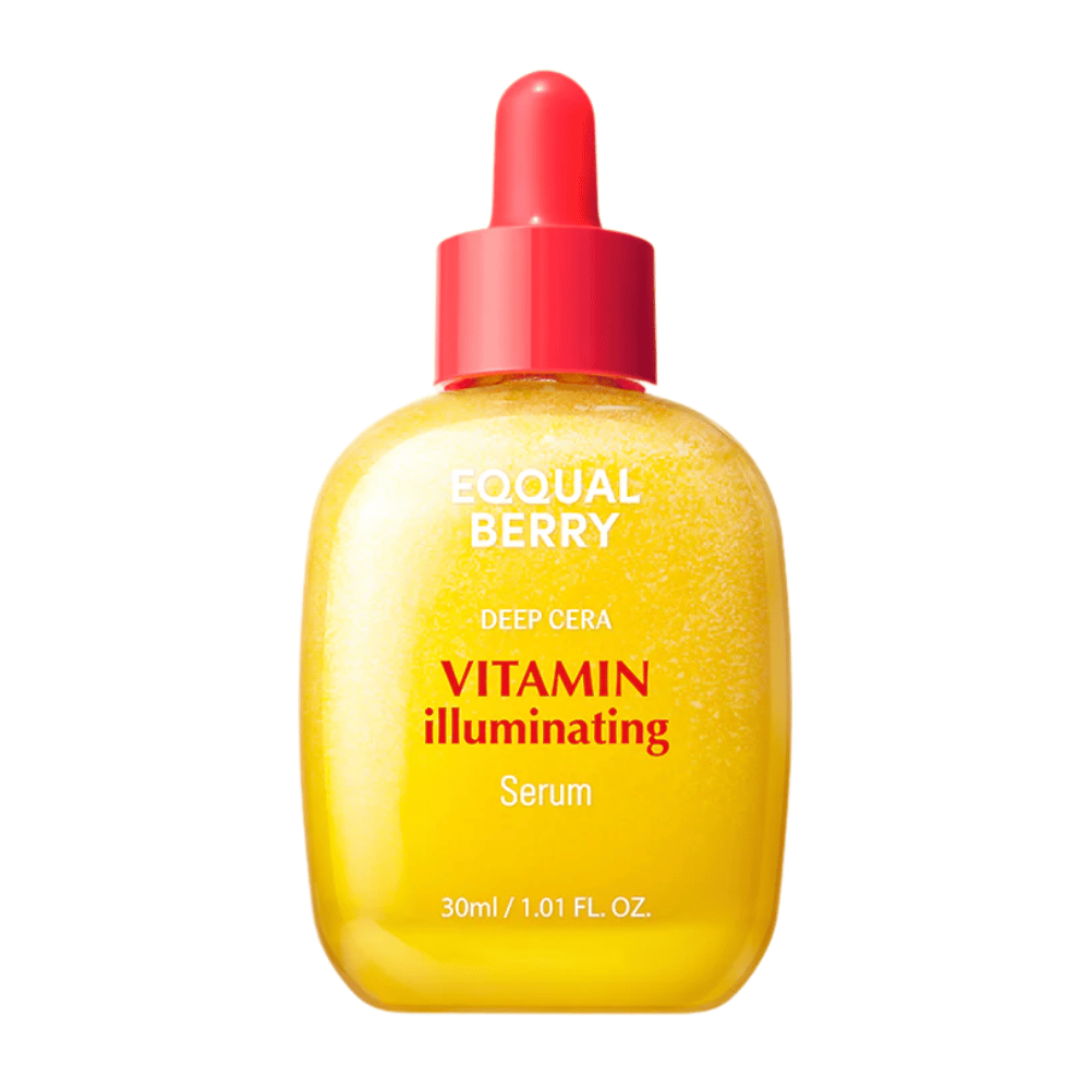 Equal Berry Vitamin Illuminating Serum in a yellow shimmering bottle with a red pipette. Provides radiance and nourishment for a glowing skin.