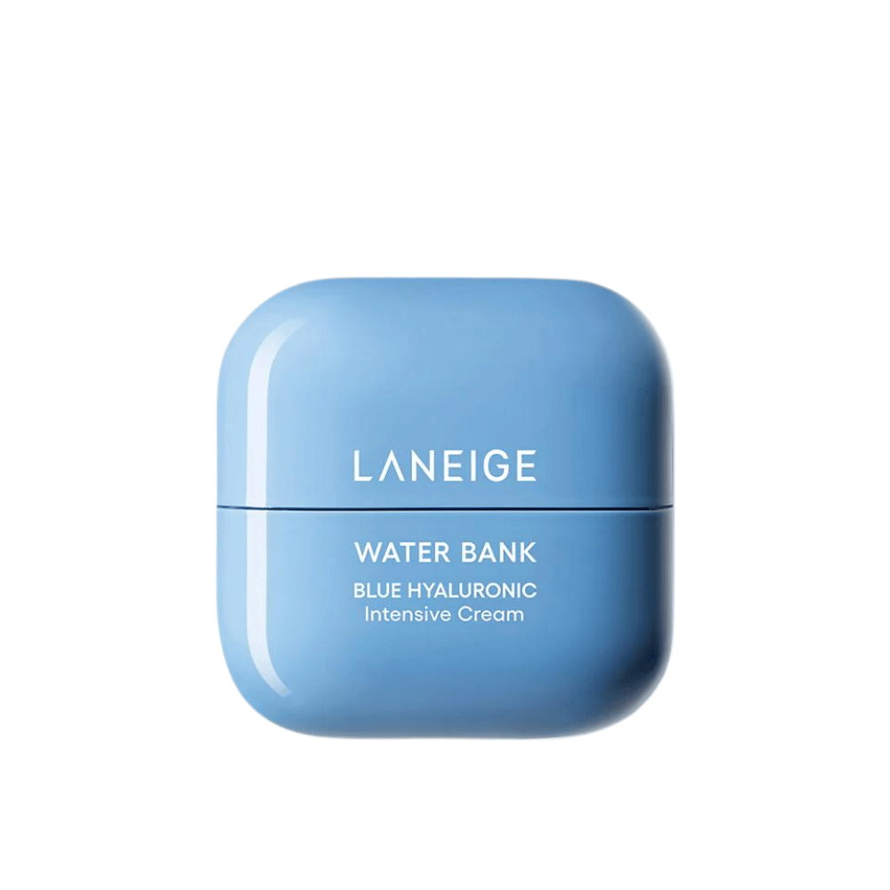 LANEIGE Water Bank Blue Hyaluronic Intensive Cream in a blue rounded jar, isolated against a white background.