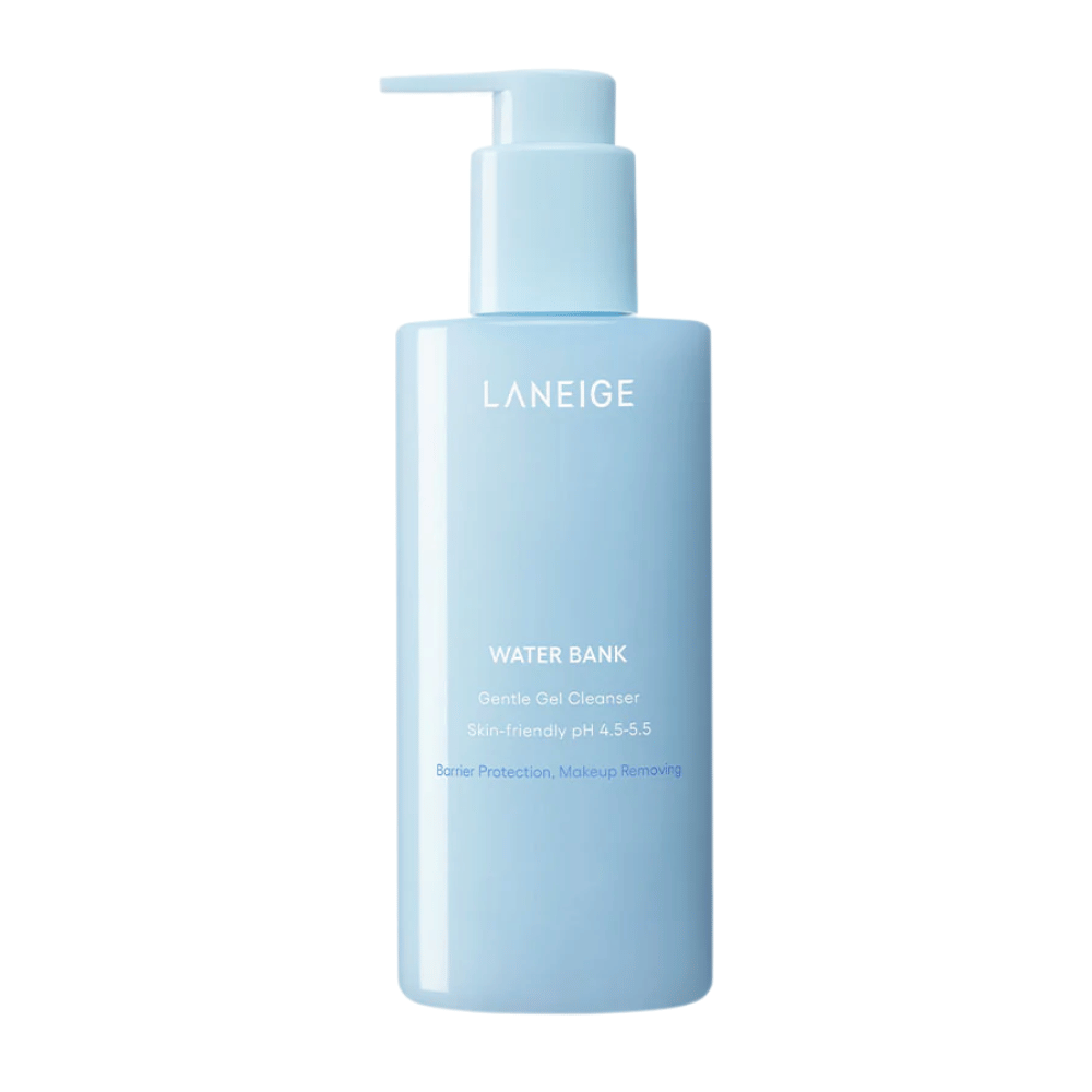 LANEIGE Water Bank Gentle Gel Cleanser in light blue pump bottle with white text, isolated against a white background.