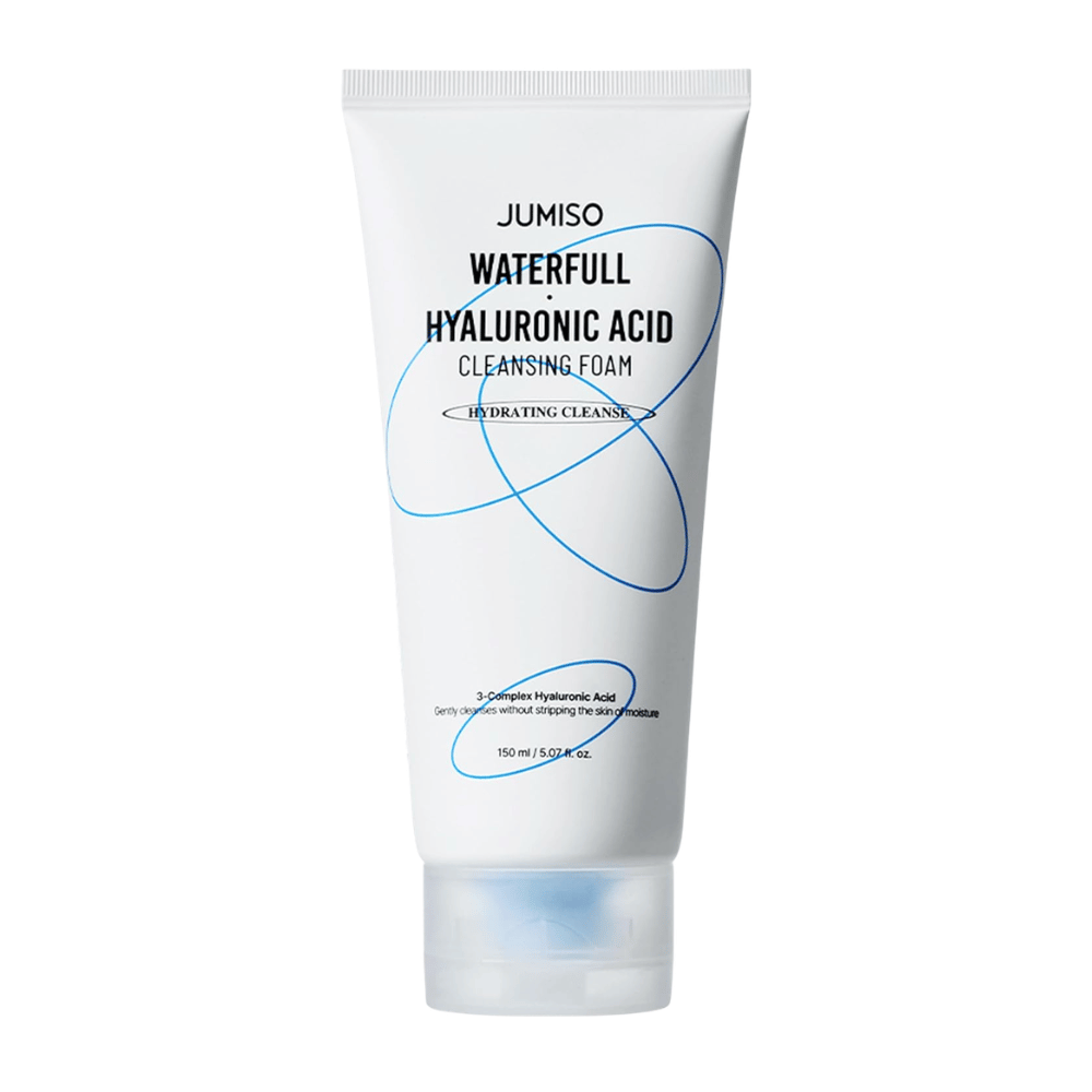 Jumiso Waterfull Hyaluronic Acid Cleansing Foam presented against a white background. Moisturizing face wash with hyaluronic acid that gently cleanses the skin without disrupting the skin’s natural moisture balance.