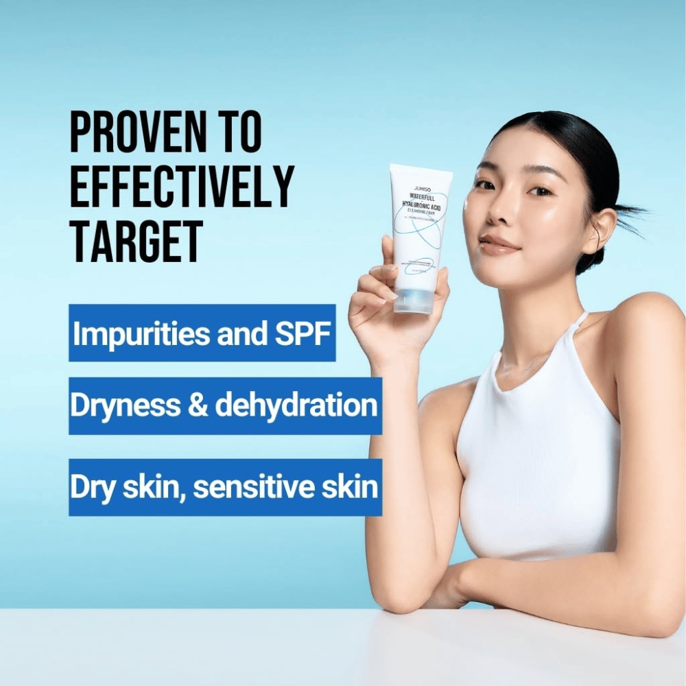 Person with clear and hydrated skin holding up Jumiso Waterfull Hyaluronic Acid Cleansing Foam. The image describes the product’s ability to target impurities, SPF residue, dryness, and sensitive skin.