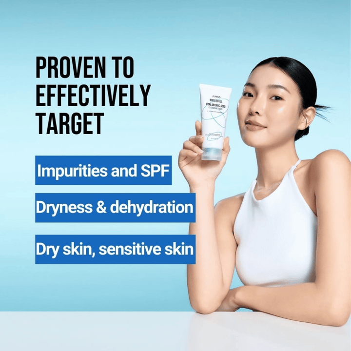 Person with clear and hydrated skin holding up Jumiso Waterfull Hyaluronic Acid Cleansing Foam. The image describes the product’s ability to target impurities, SPF residue, dryness, and sensitive skin.