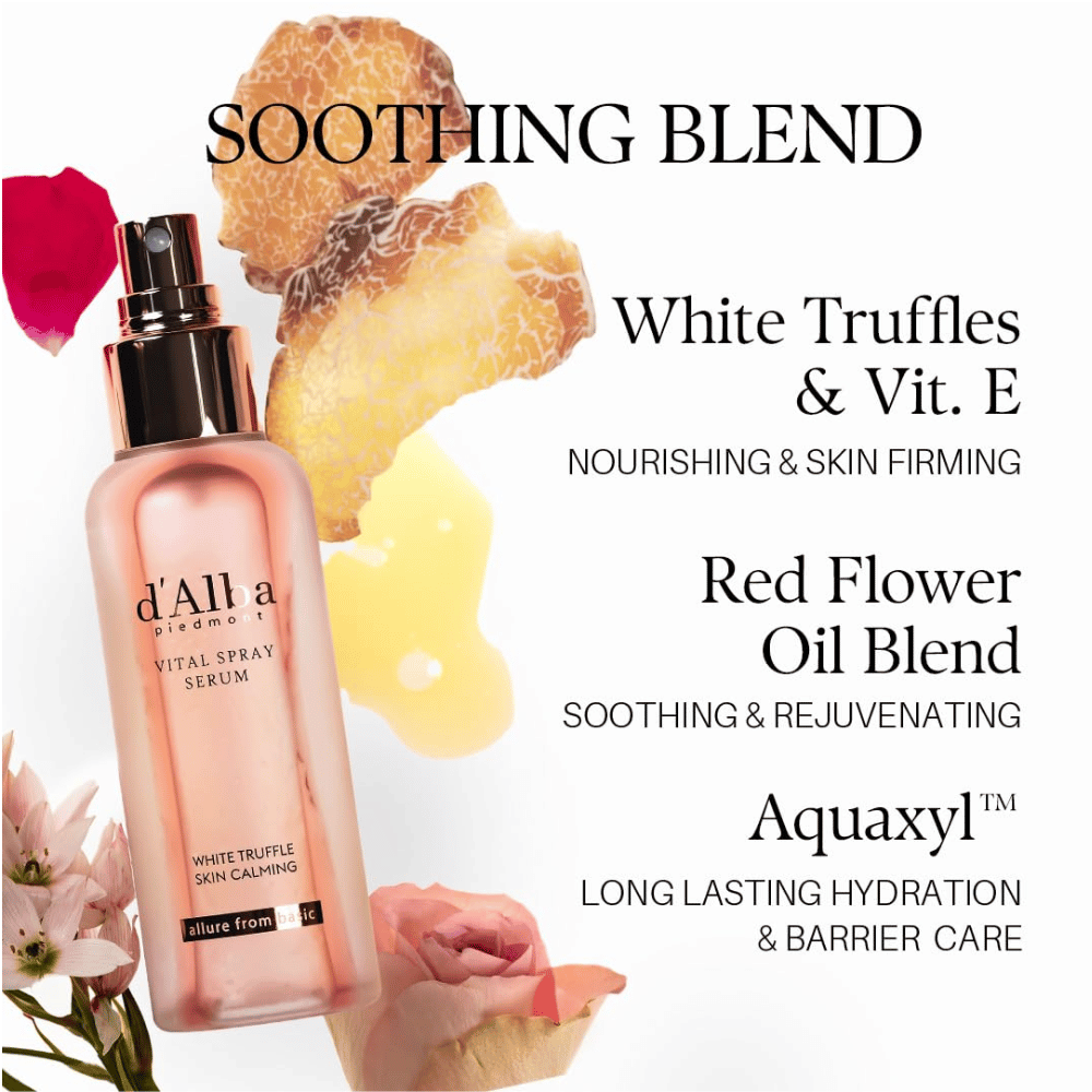 d'Alba White Truffle Vital Spray Serum – white truffle, vitamin E, flower oils, and Aquaxyl for hydration and barrier care