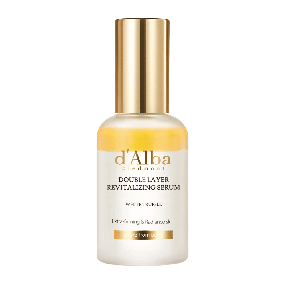 Cut-out image of d'Alba Double Layer Revitalizing Serum White Truffle in a glass bottle with a gold top and gold cap, skincare serum for firmness and radiance.