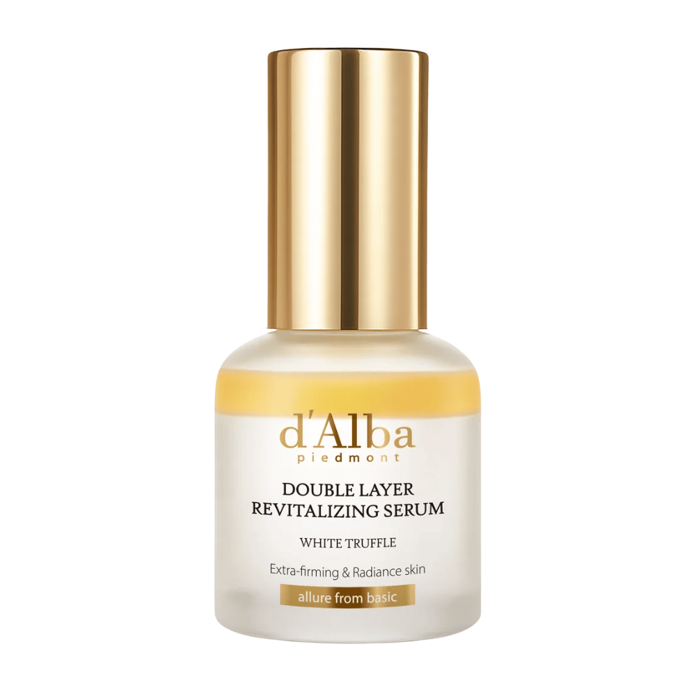 d'Alba Double Layer Revitalizing Serum White Truffle in an elegant glass bottle with a gold-colored cap, designed for extra firmness and radiance to the skin.