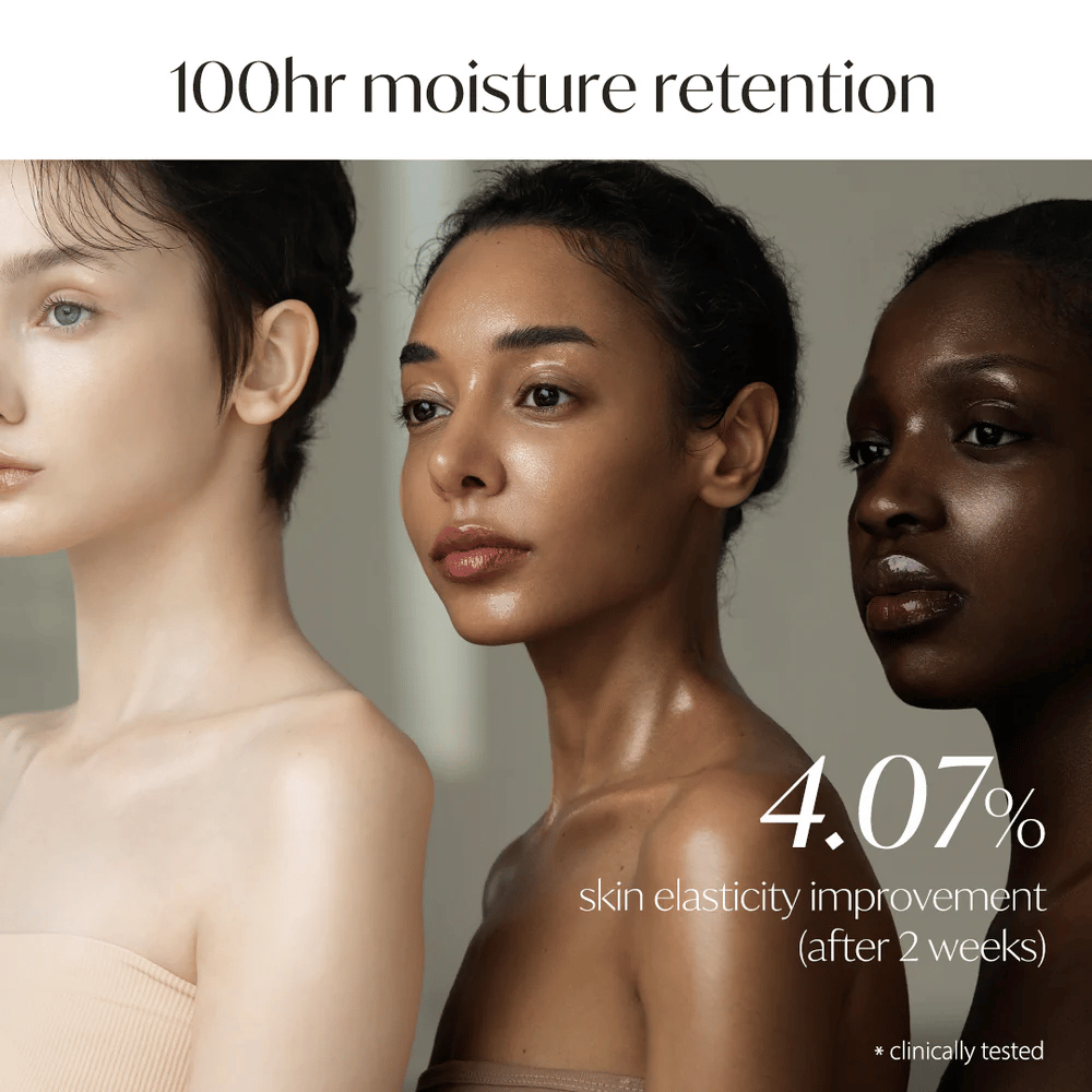 Three women with different skin tones showcase hydrated skin. Text on the image highlights 100 hours of moisture retention and 4.07% improved skin elasticity after 2 weeks, clinically tested.