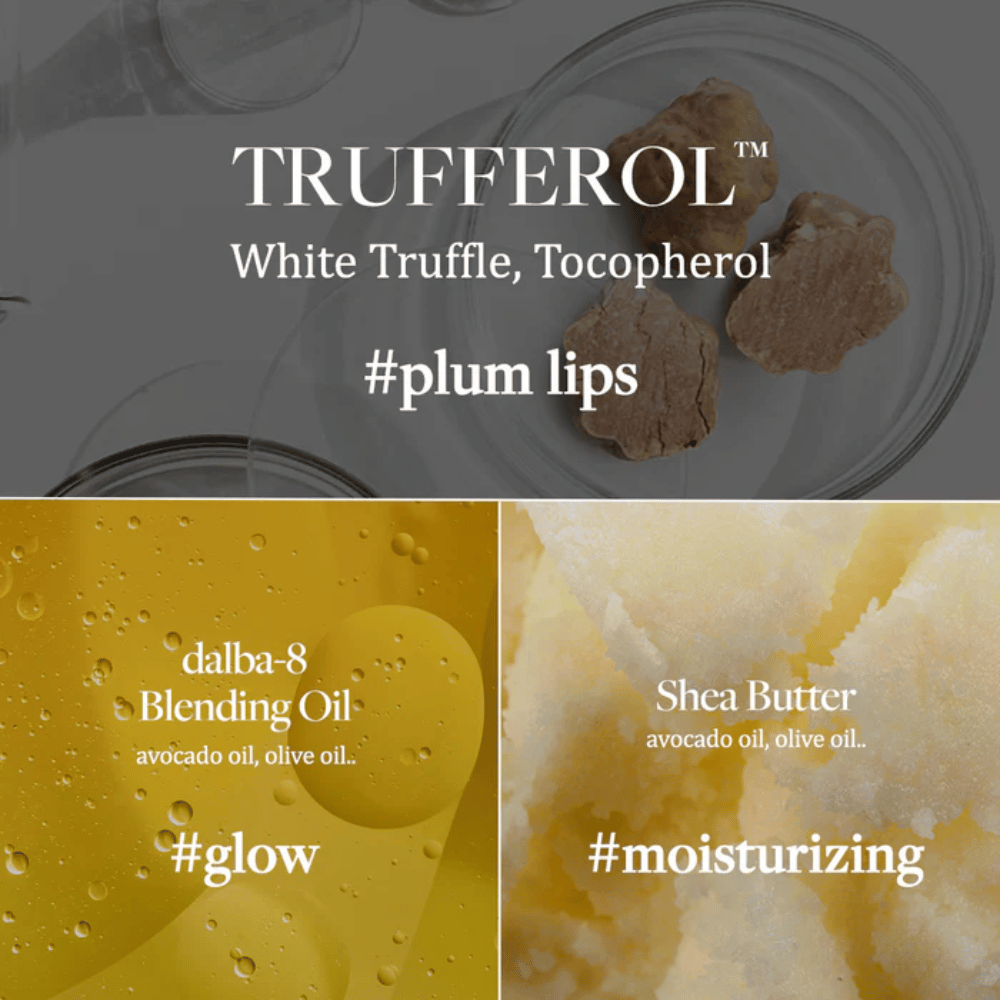 Ingredient image with White Truffle, Tocopherol, Blending Oil, and Shea Butter for d'Alba Nourishing Serum Lip Balm, marked with hashtags #plum lips, #glow, and #moisturizing.