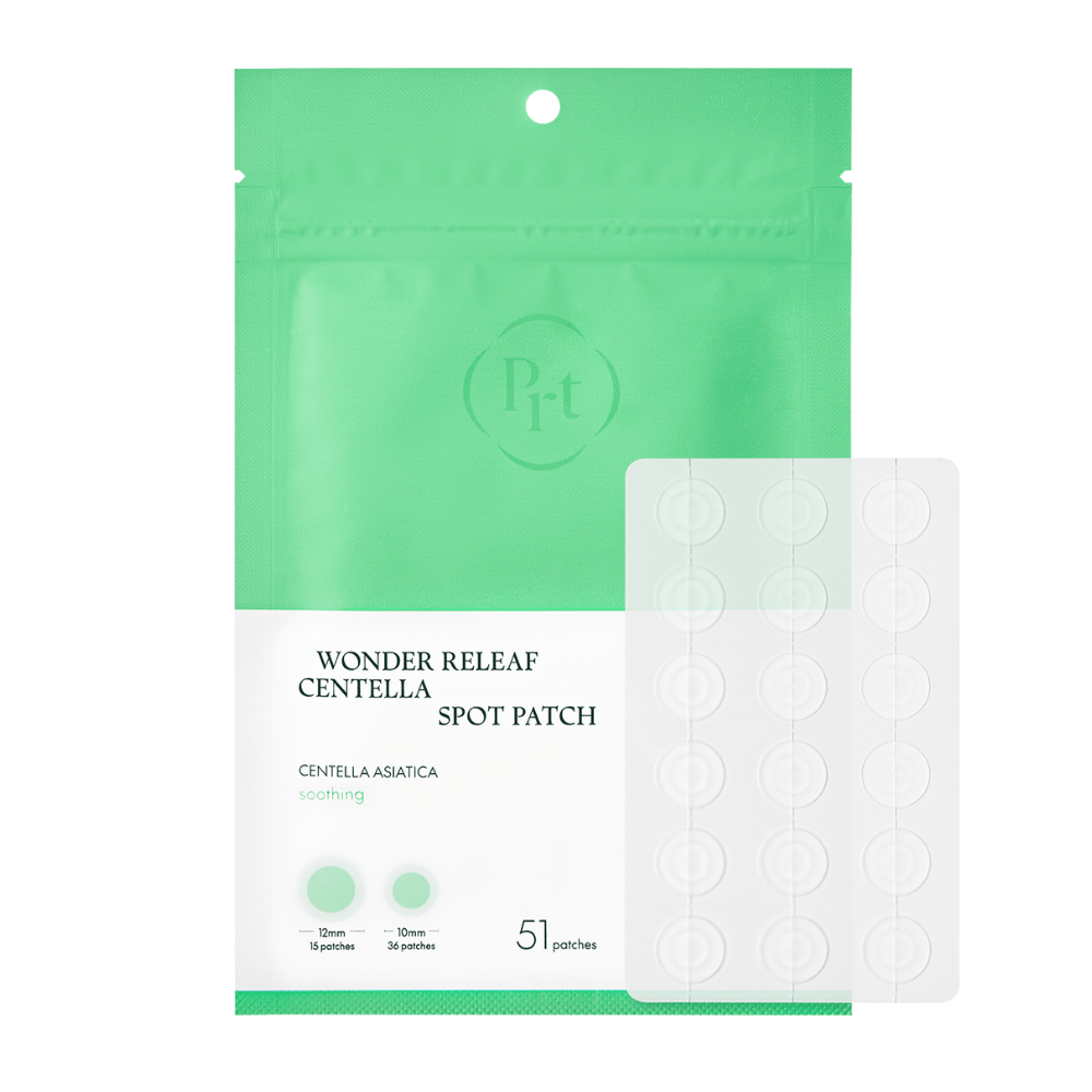 Product image of Purito Wonder Releaf Centella Spot Patch with packaging and 51 transparent acne patches in two sizes for effective spot treatment.