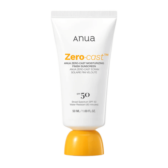 Product image of ANUA Zero-Cast Moisturizing Finish Sunscreen SPF 50 in a white tube with an orange cap, 50 ml. A lightweight sunscreen without white cast, water-resistant up to 80 minutes.