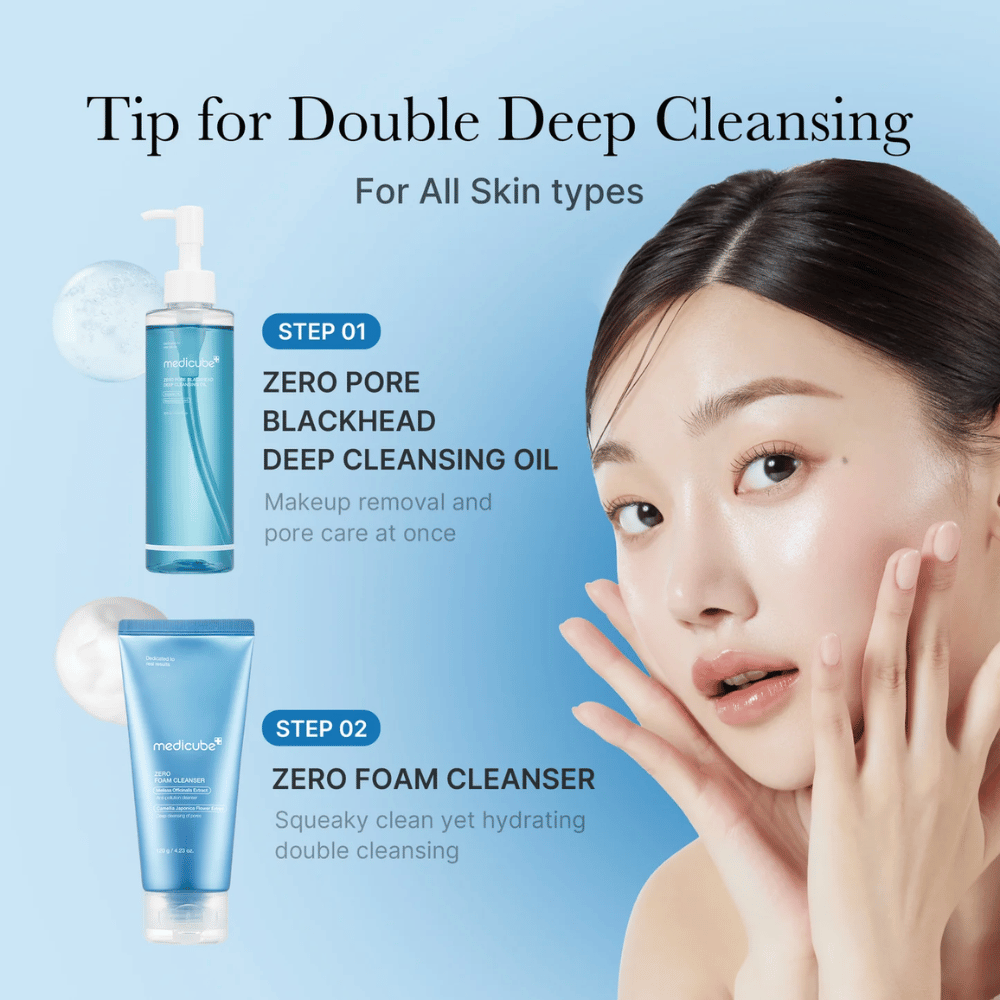 Advertisement image for Medicube double cleansing with Zero Pore Blackhead Deep Cleansing Oil and Zero Foam Cleanser, along with a woman showing her clean and hydrated skin.