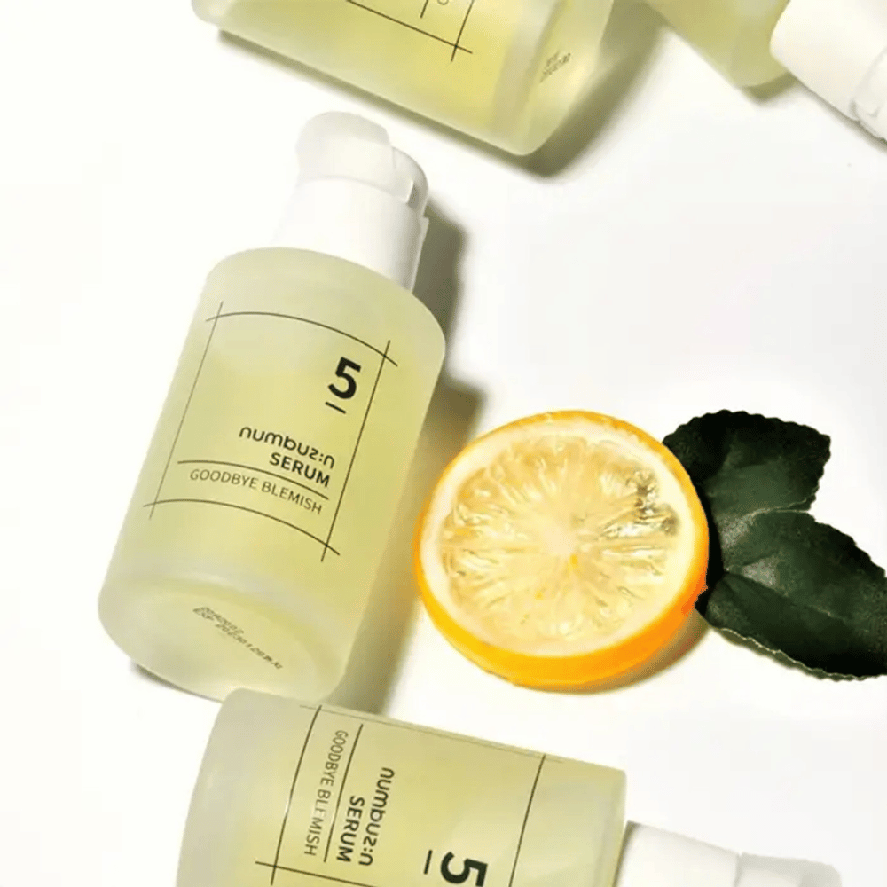 Five bottles numbuzin No.5 Goodbye Blemish Serum 50ml with lemons and leaves targeting spots and acne scars.