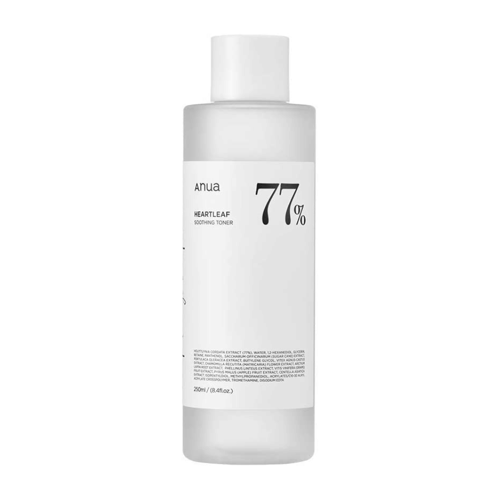 A bottle Heartleaf 77% Soothing Toner with a Anua label on, formulated with soothing facial water for sensitive skin.