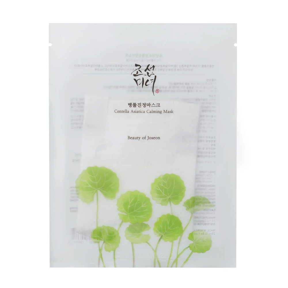A Centella Asiatica Calming Mask 1 pc with green leaves on from the brand Beauty of Joseon.
