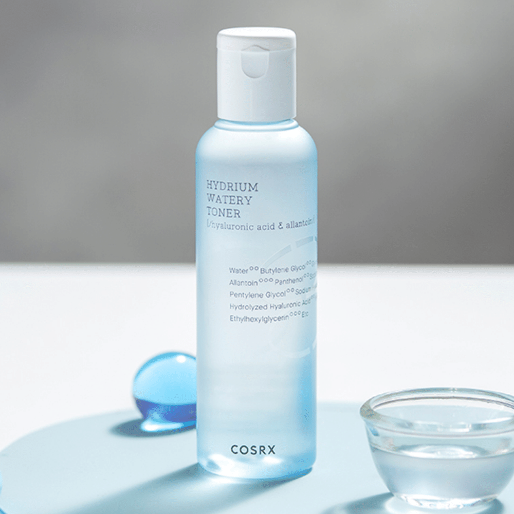 A COSRX Hydrium Watery Toner 150ml, a moisturizing facial toner with hyaluronic acid.